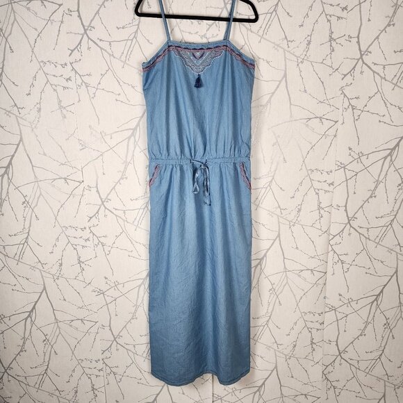 Promod Blue Chambray Beaded Strappy Maxi Dress w/ Pockets - Picture 3 of 9